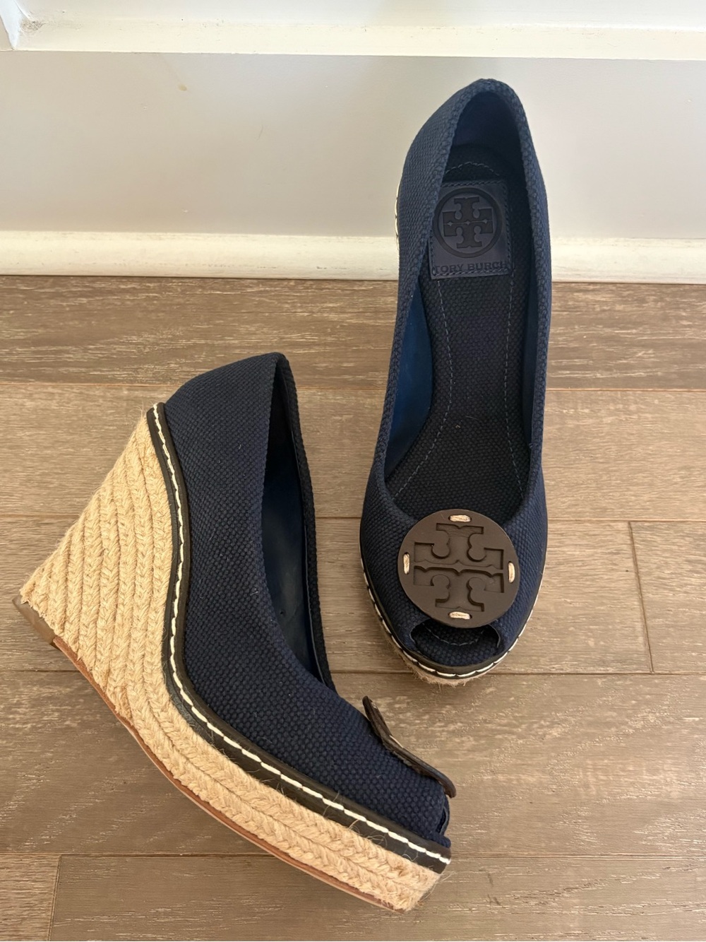 Tory Burch Navy Canvas Espadrille Wedge Peep Toe Heels Size 7M - Picture 3 of 7
